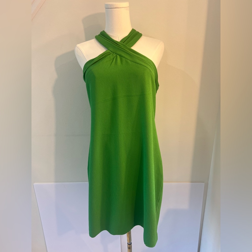 Trina Turk Bright Green One-Shoulder Cross Halter Dress